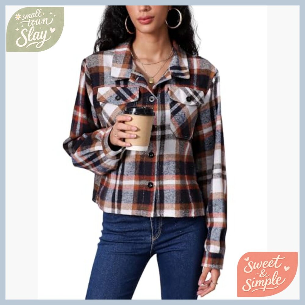 Cropped Flannel Shacket Button Down Casual Jacket… - image 6